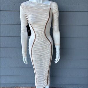 Hera Collection Cream Long Sleeve Ruched Bodycon Dress with Brown Trim